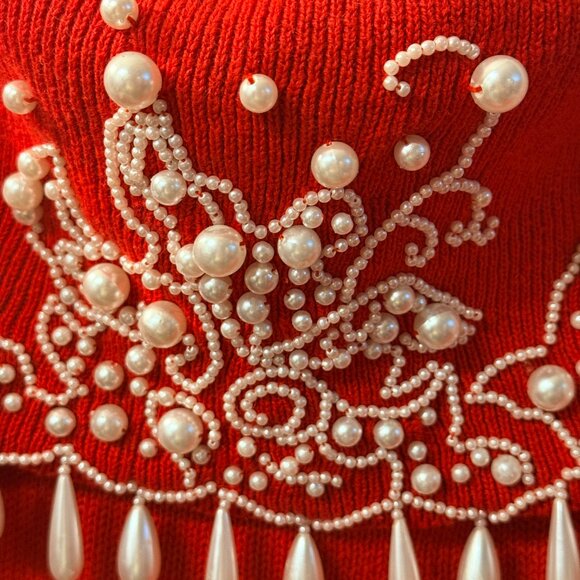 Studio C Red Beaded Pearl Embellished Sweater – Size 2X – Glam Off-Shoulder - Picture 5 of 10